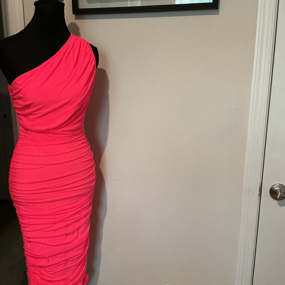 Neon Pink One-Shoulder Ruched Dress